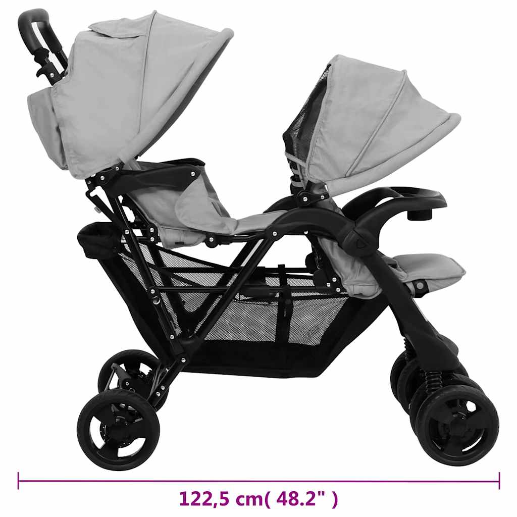 Passeggino Gemellare a Tandem Grigio Chiaro in Acciaio